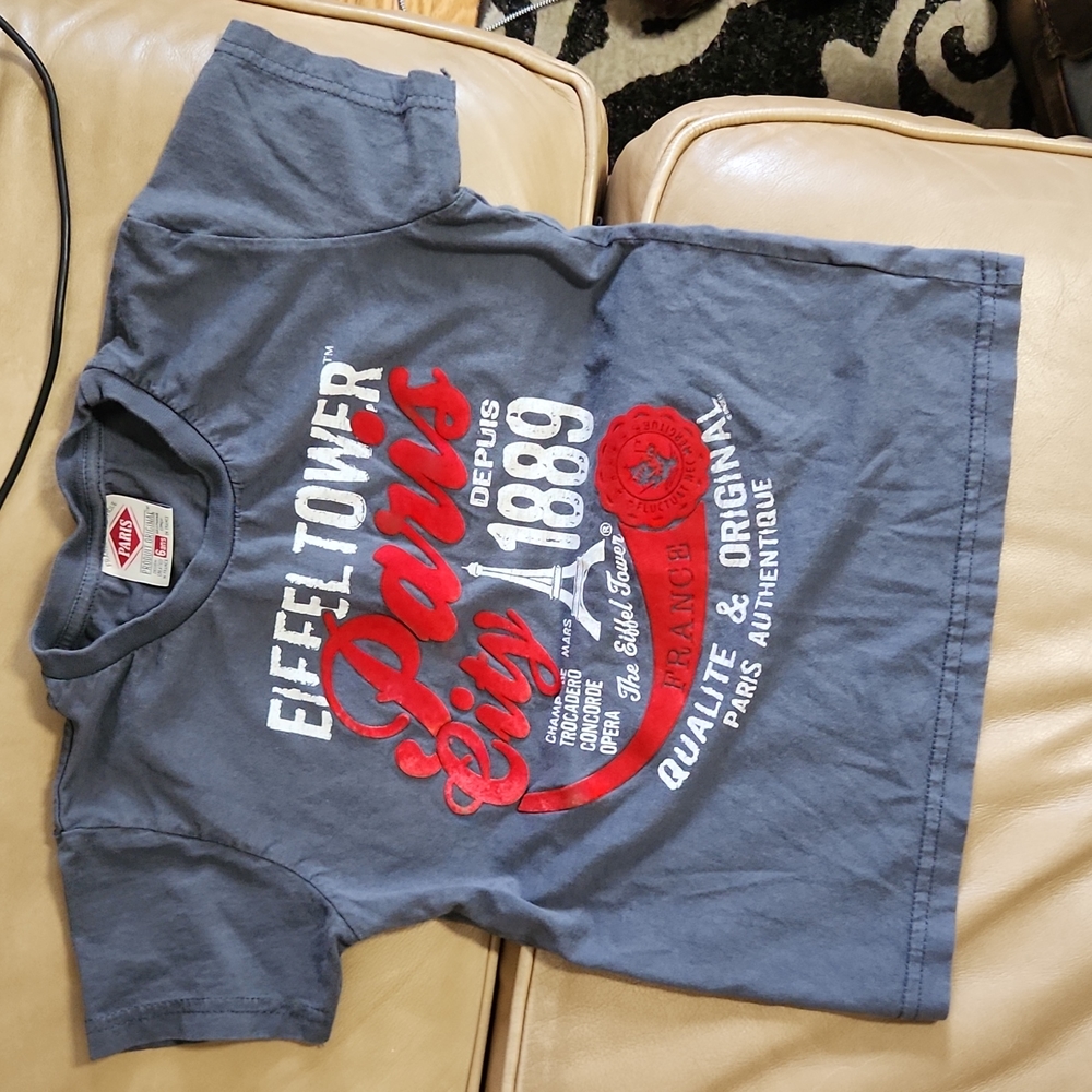 Paris - Gray & Red Velvet Eiffel Tower France Tee YOUTH 4-6 "6 Ans"